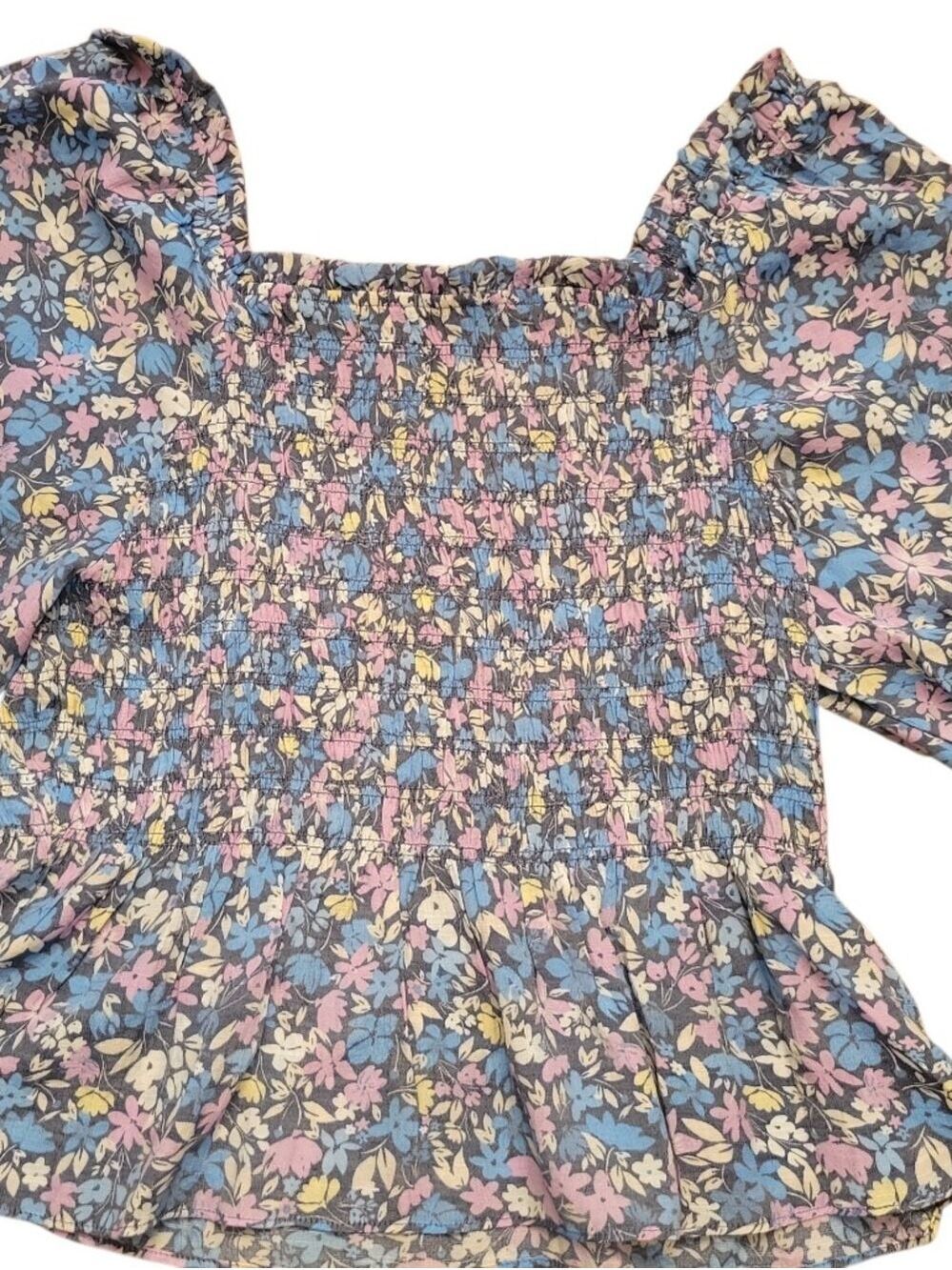 Nanette Lepore Blue Multi Floral Smocked Peplum Top Small - Picture 3 of 4